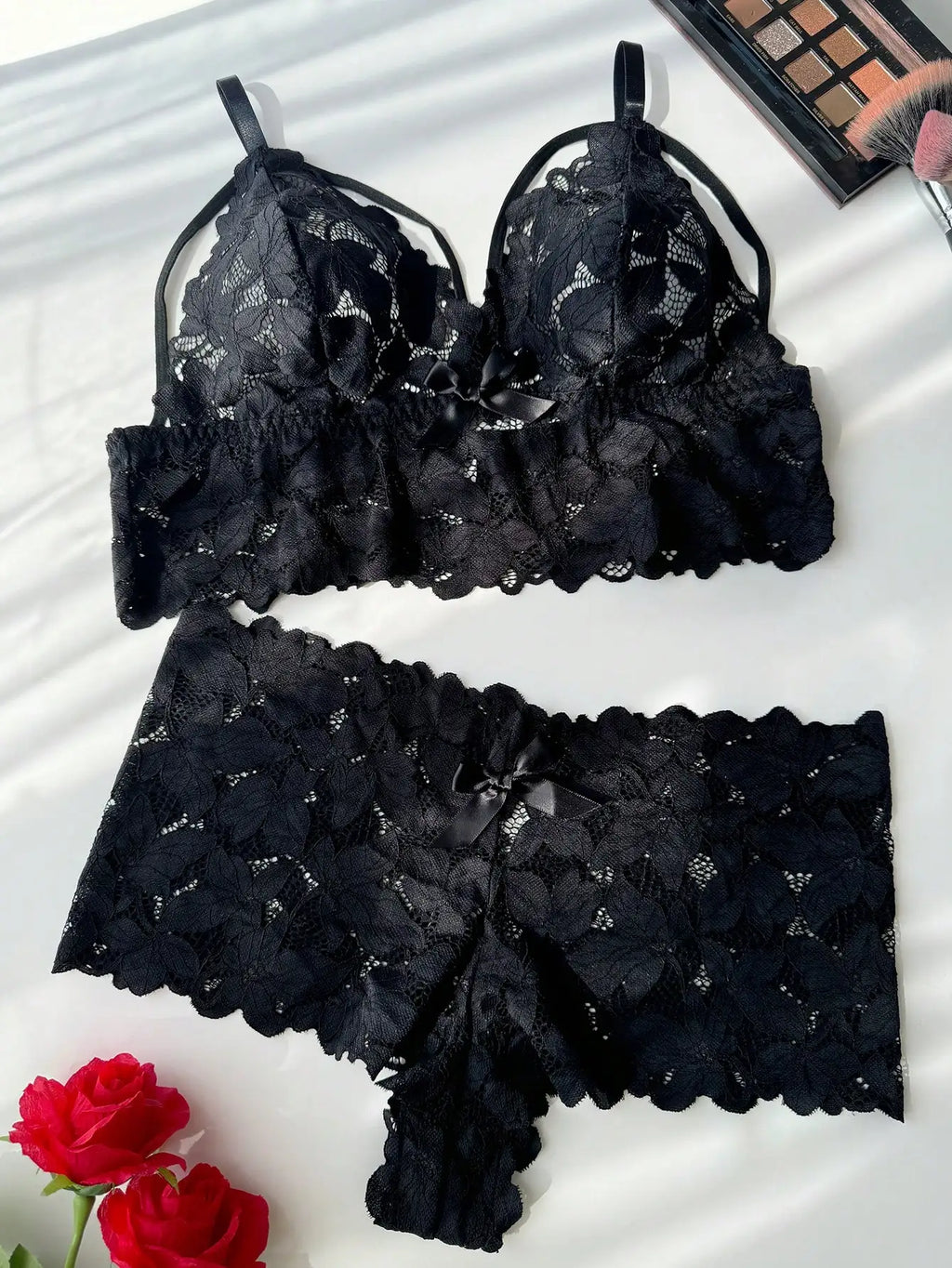 Black Floral Lace 2-Piece Bra and Shorts Lingerie Set for Women