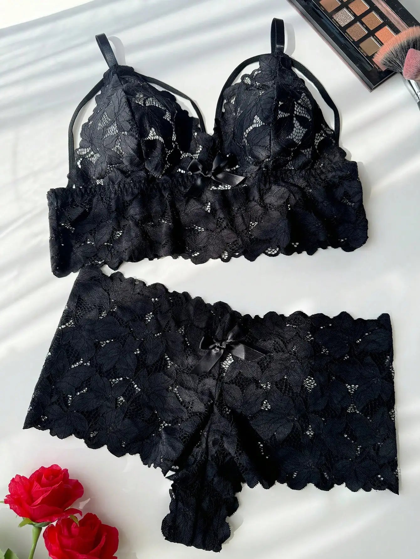 Black Floral Lace 2-Piece Bra and Shorts Lingerie Set for Women