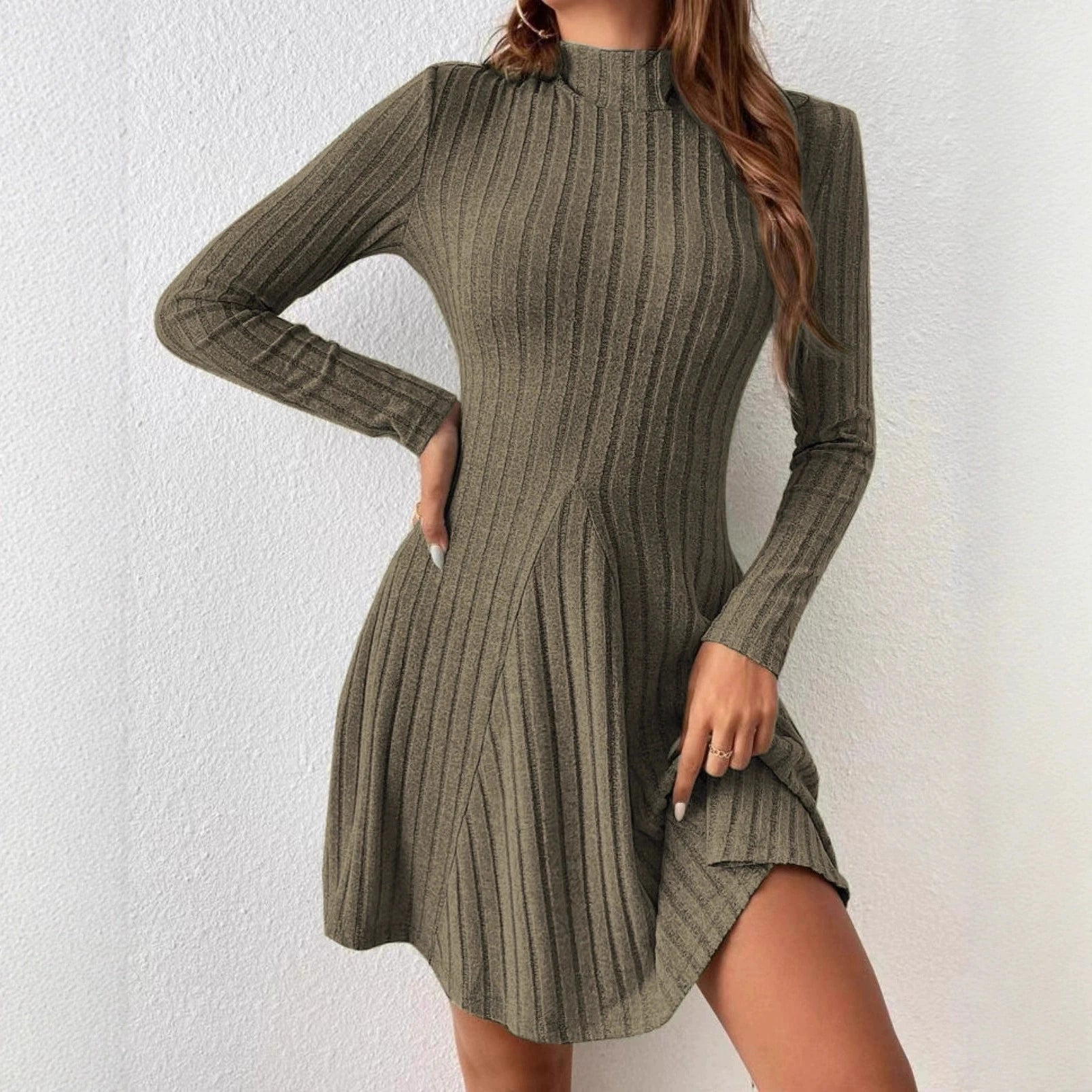 Women's slim fit half high collar waist cinched A-line skirt long sleeved pit stripe dress
