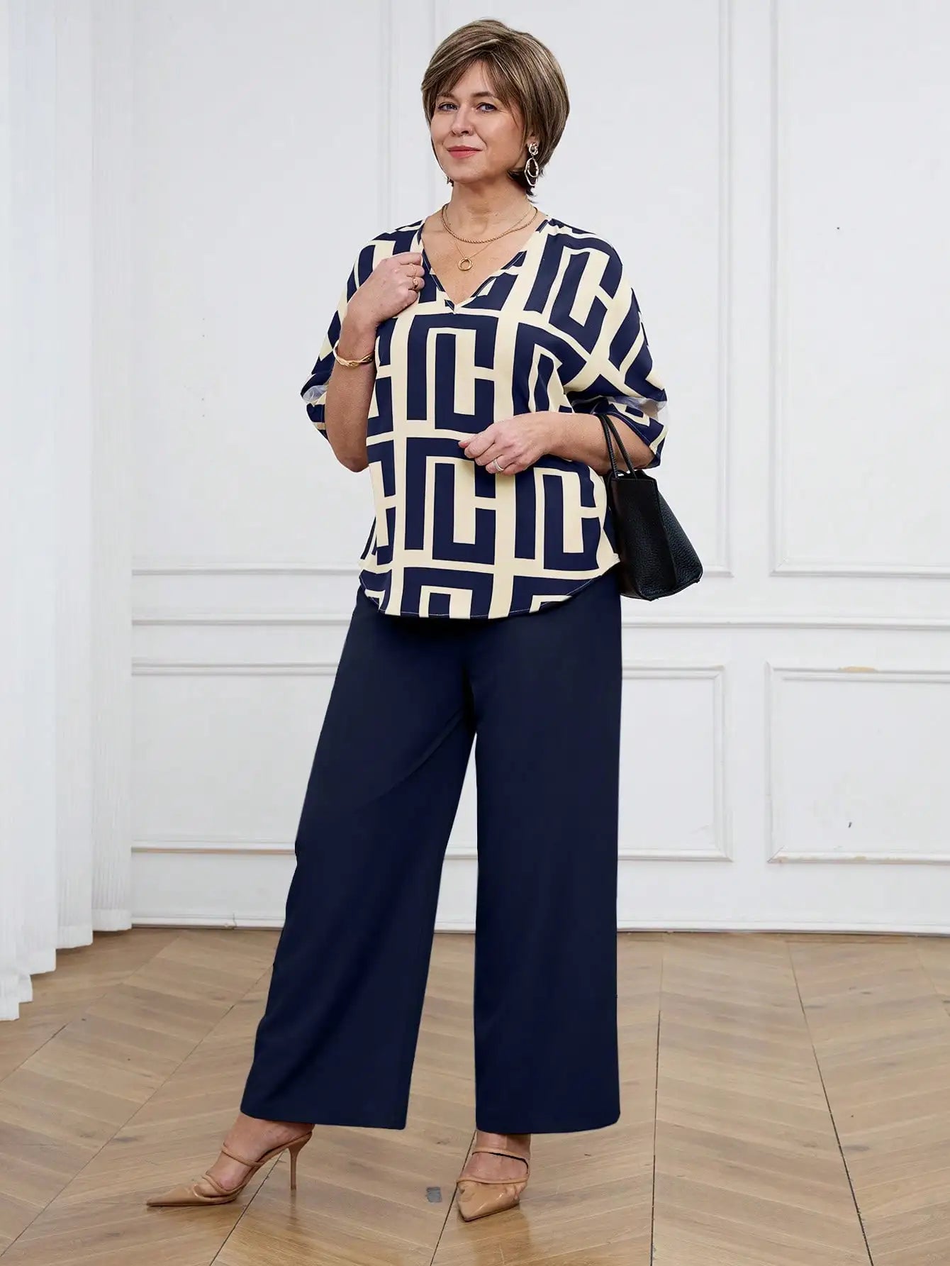 Women's Geometric Print V-Neck Short Sleeve Top & Wide Leg Pants Set for Casual or Office Wear