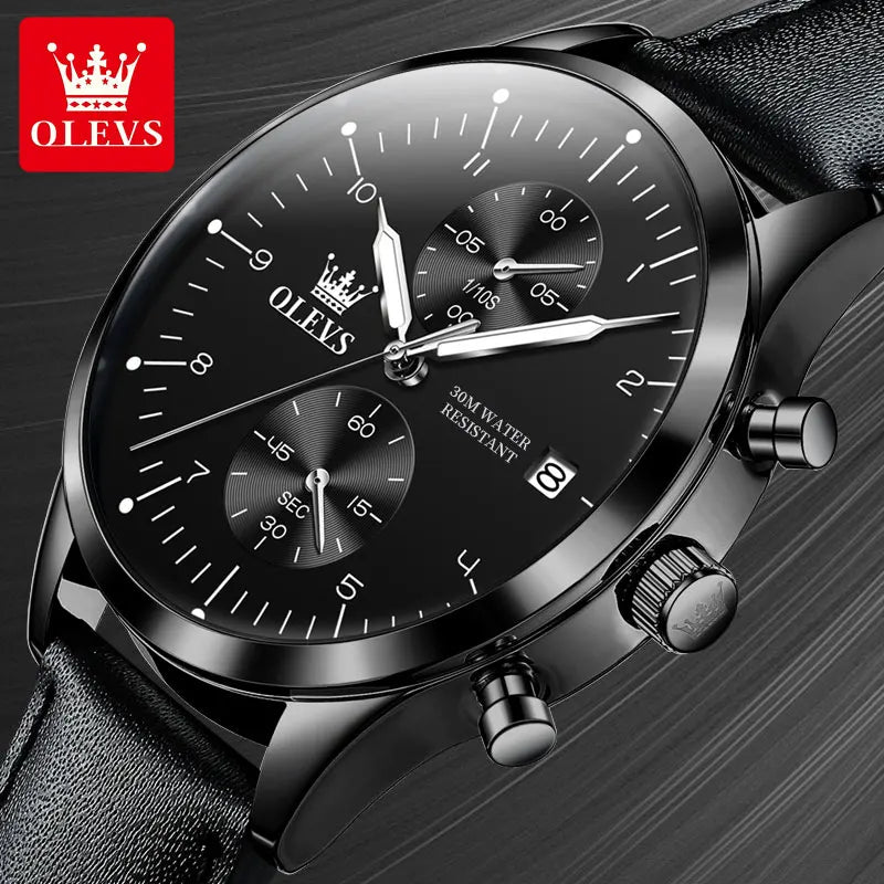 OLEVS casual fashion men's watches Chronograph 30m waterproof Leather strap quartz watch for man luminous genuine wristwatch