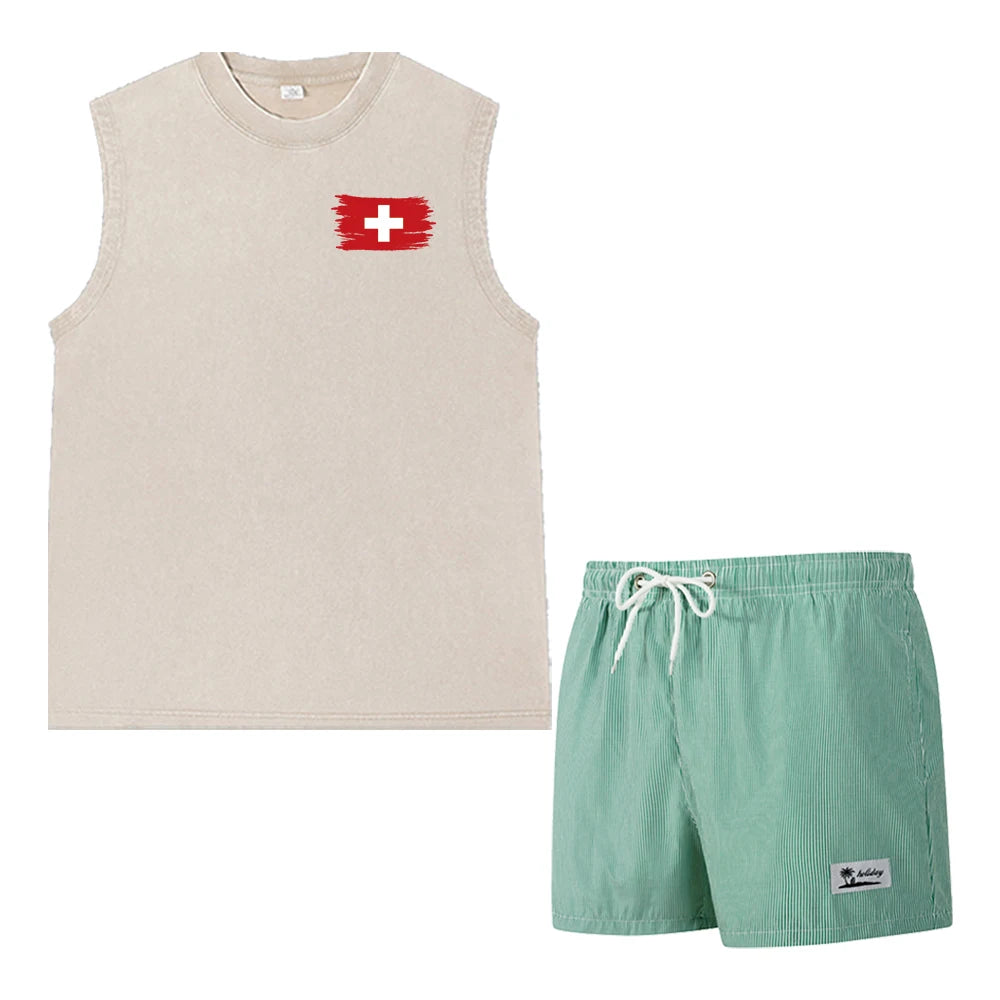Casual Summer Men's 2 Piece Outfit: Vintage Washed Sleeveless Tee & Pinstripe Quick Dry Swim Shorts Set with Flag Graphic Print