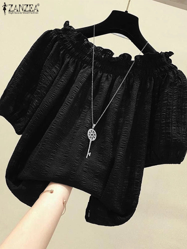 Women's Puff Sleeve Casual O-Neck Summer Blouse