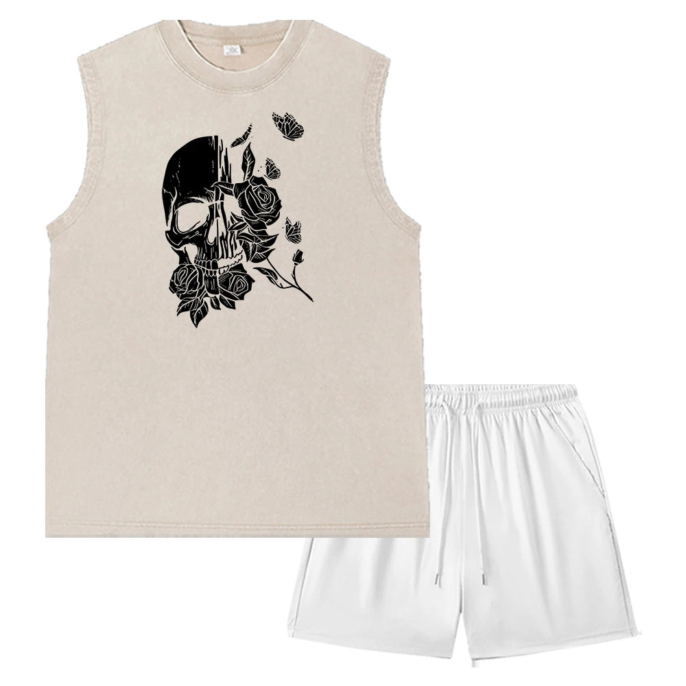 Summer Men's Casual Outfit Black Vintage Washed Tank Top & Quick Dry Double-Layer Beach Shorts Set Skull & Roses Graphic Print