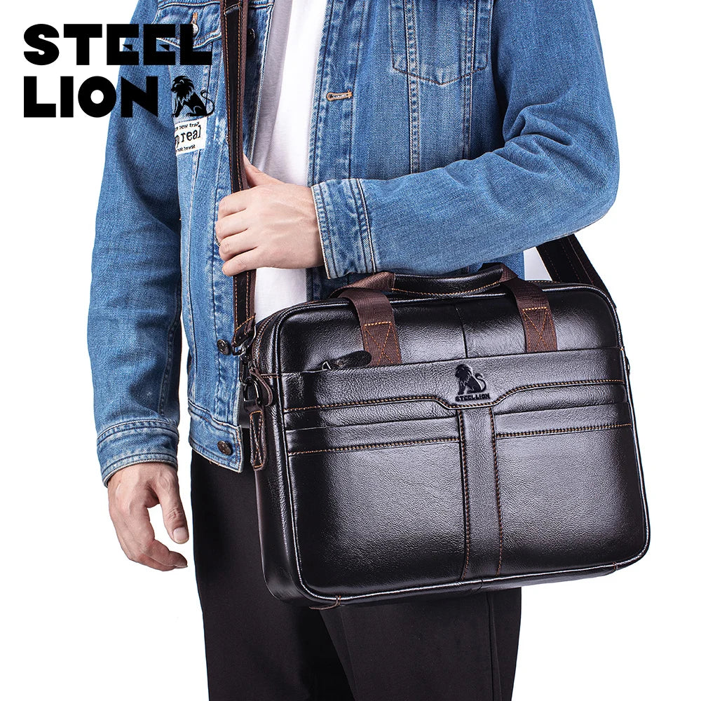 STEEL LION leather men's briefcase, large capacity business office bag, cowhide computer bag, can be carried by hand or shoulder