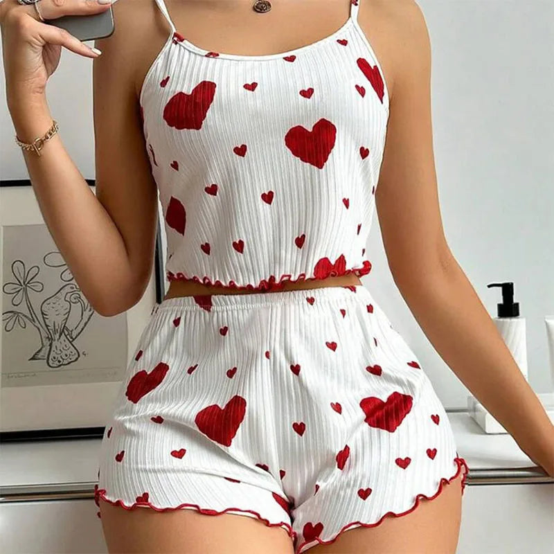 Women's Heart Print Pajama Shorts Set