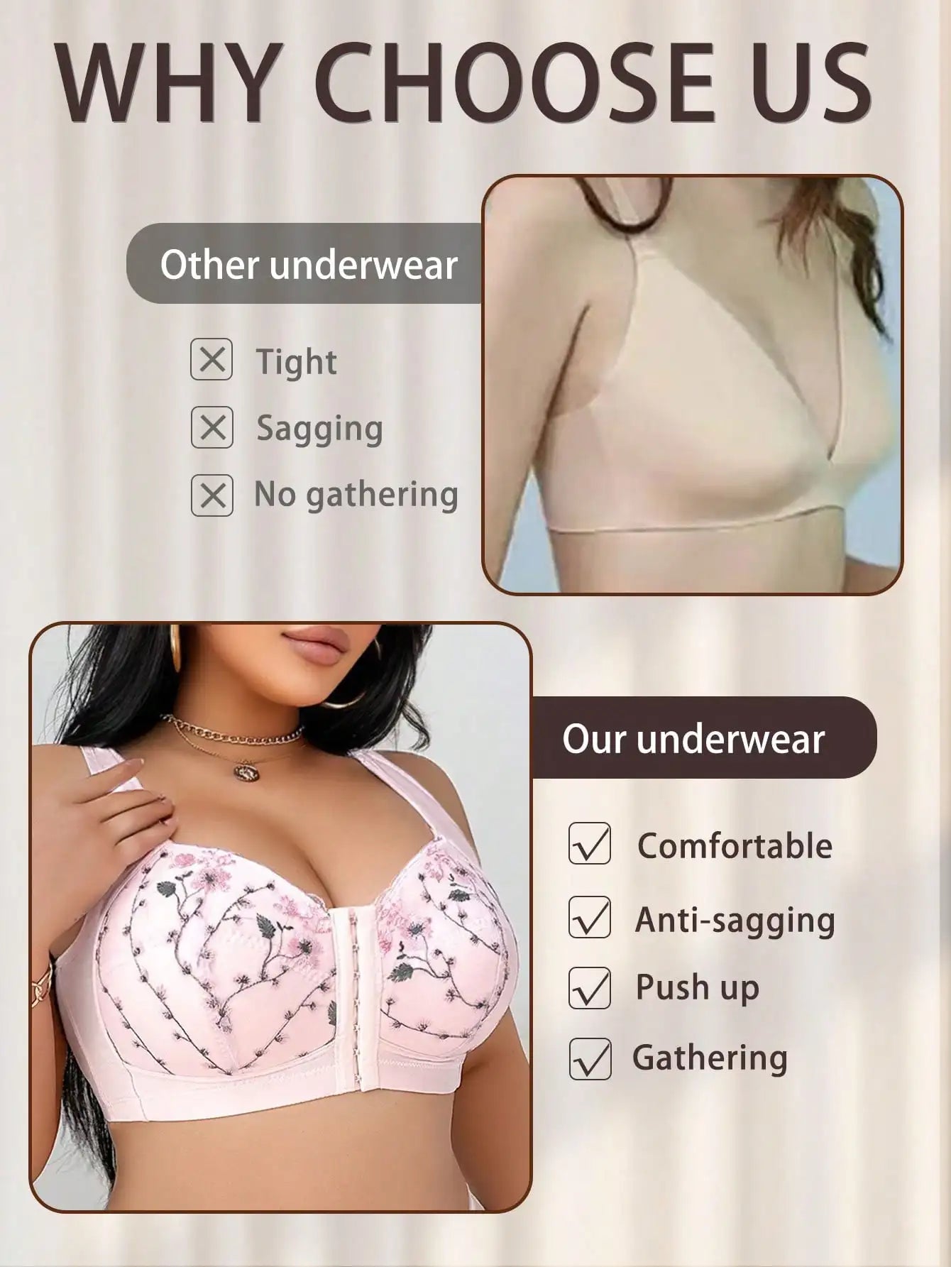 Plus Size Floral Embroidered Front Closure Wireless Bra with Lift Support