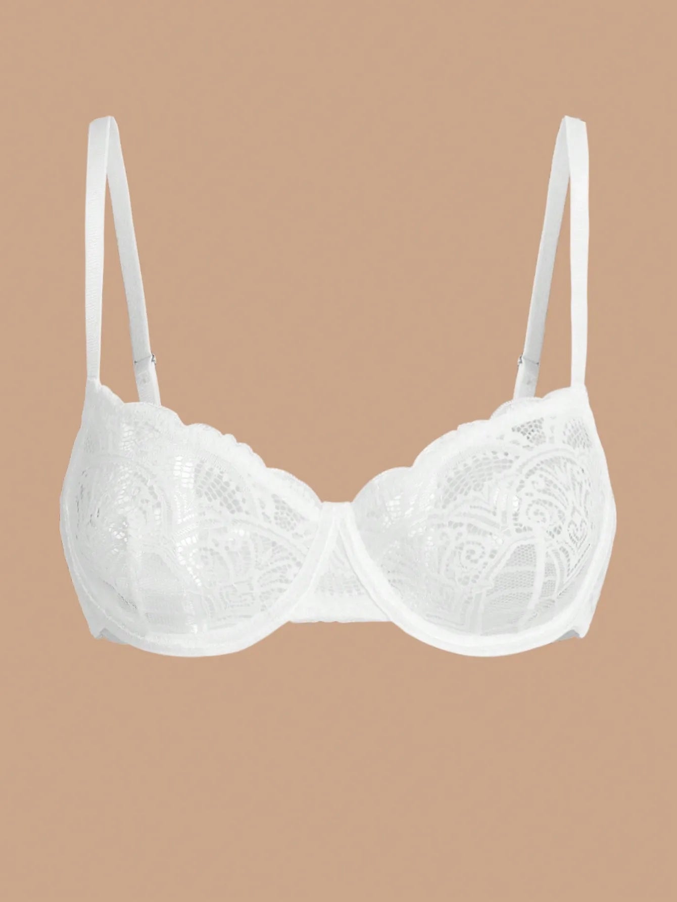 White Lace Half Cup Underwire Bra Set with Sheer Floral Pattern