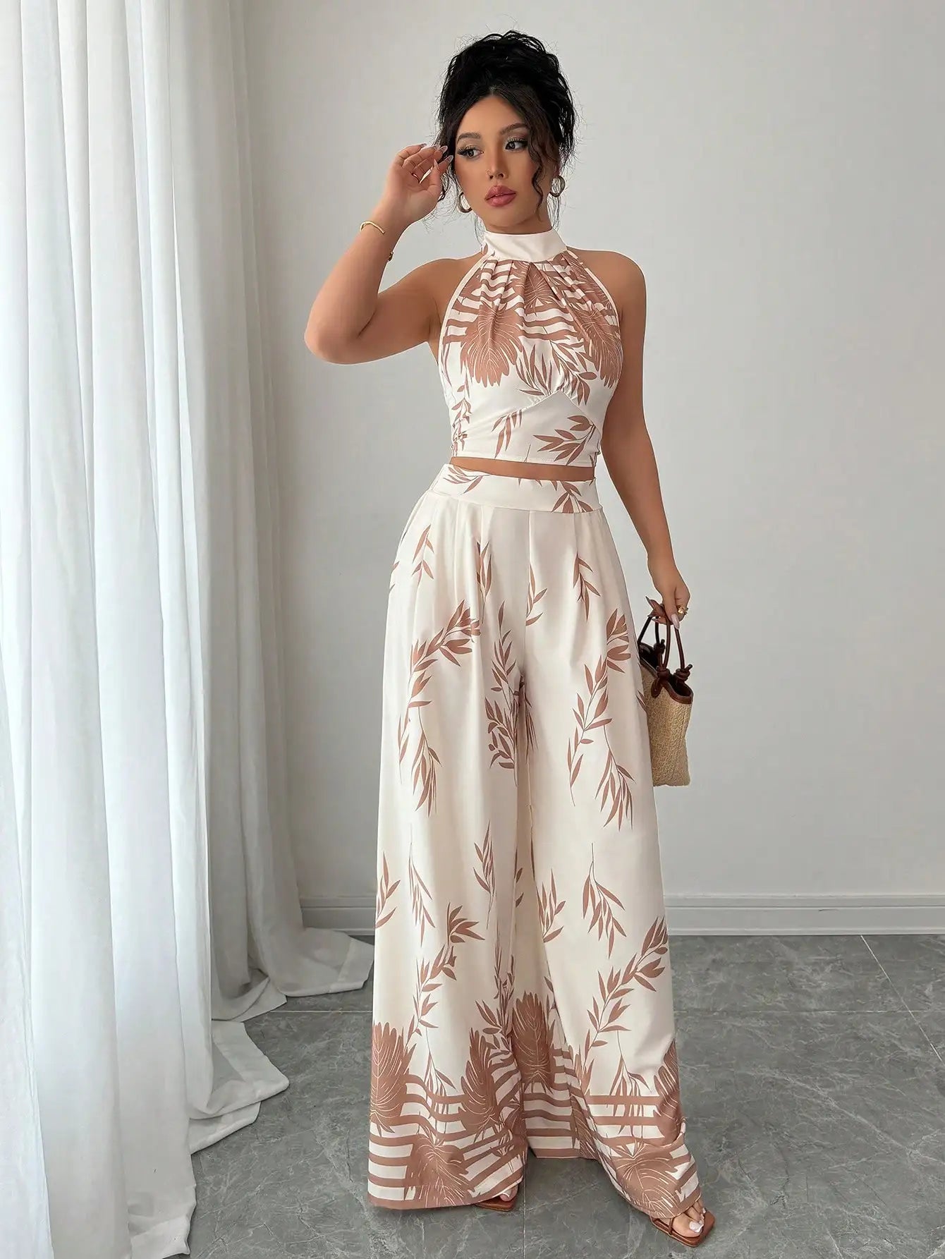 Women's Tropical Print Halter Neck Top with Wide Leg Pants Set