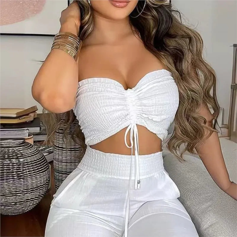 White Two-Piece Lounge Set with a Strapless Crop Top & Wide Leg Pants