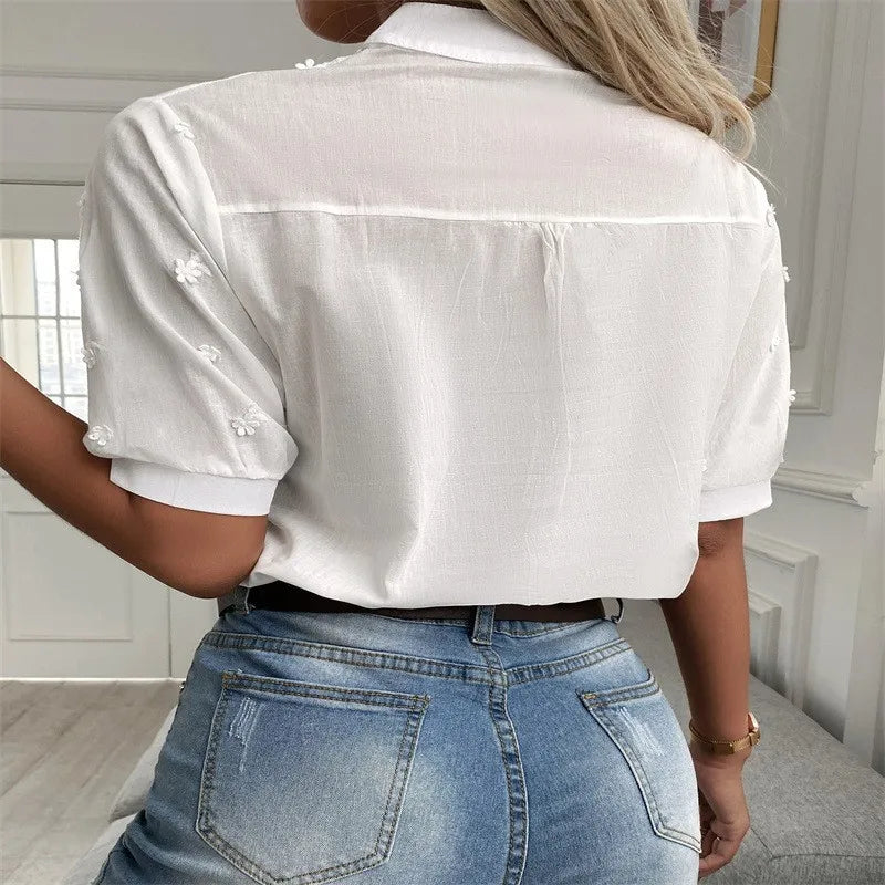 Elegant Vintage Embroidered Cotton Button-Up Top