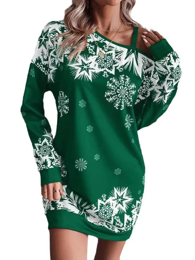 Women's Snowflake Print Holiday Asymmetrical Shoulder Mini Dress