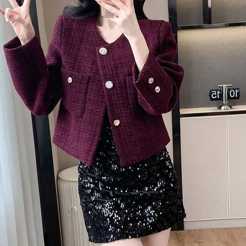Elegant Long Sleeve Tweed Coat