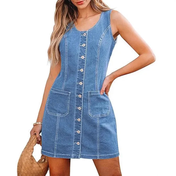 Women’s Sleeveless Denim Mini Dress with Pockets