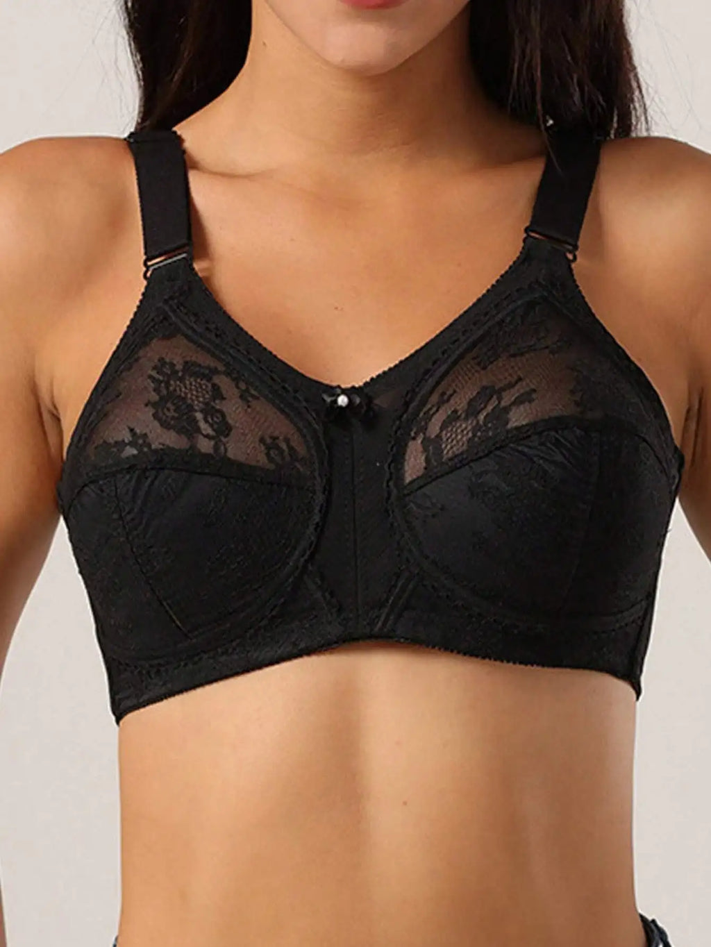 Black Lace Full Coverage Bra with Sheer Panels and Adjustable Straps