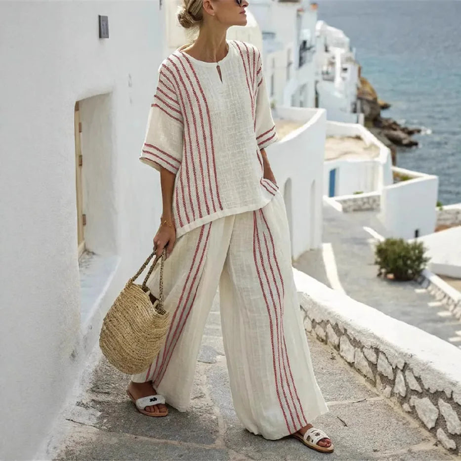 Women's Striped Cotton Breathable Lounge Set