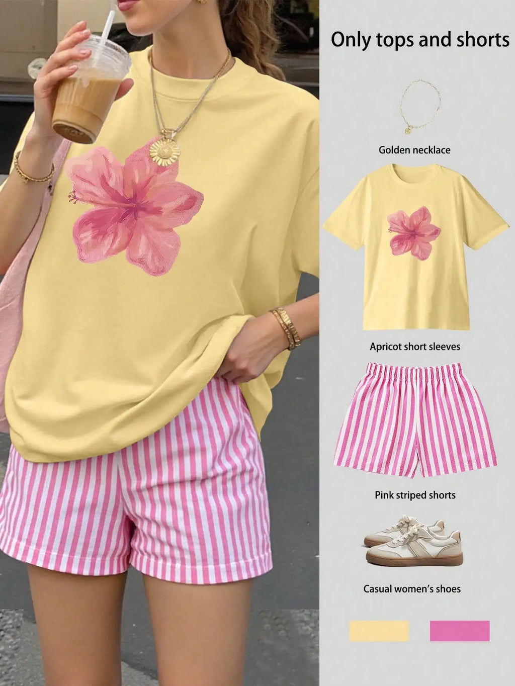 Women's Loose Floral T-Shirt & Striped Shorts Set