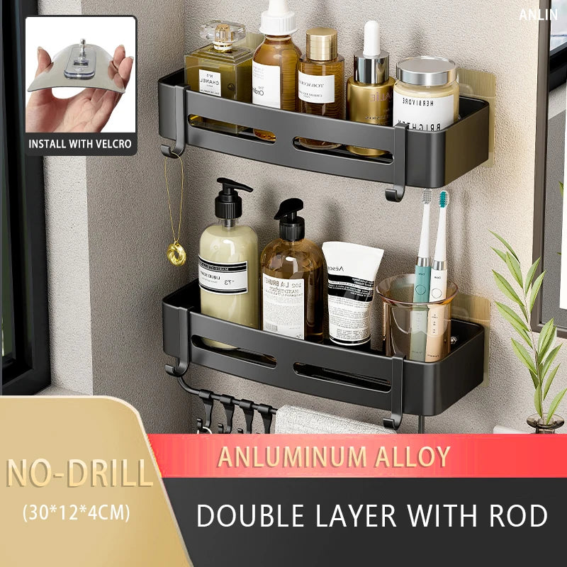 Rust-free Bathroom Corner Shelf Rack – Wall Mounted Non-Drill Shower Storage Organizer