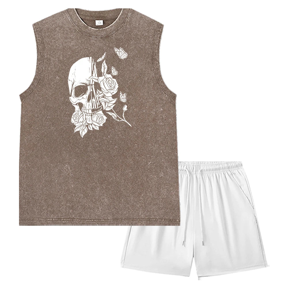 Summer Men's Casual Outfit Black Vintage Washed Tank Top & Quick Dry Double-Layer Beach Shorts Set Skull & Roses Graphic Print
