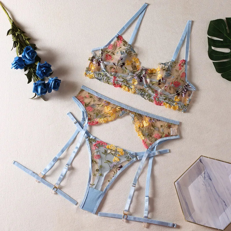 Sexy See-through Yellow Pastoral Floral Bra Garter T-Back Three-Piece Set with Leg Ring Sexy Lingerie Suit
