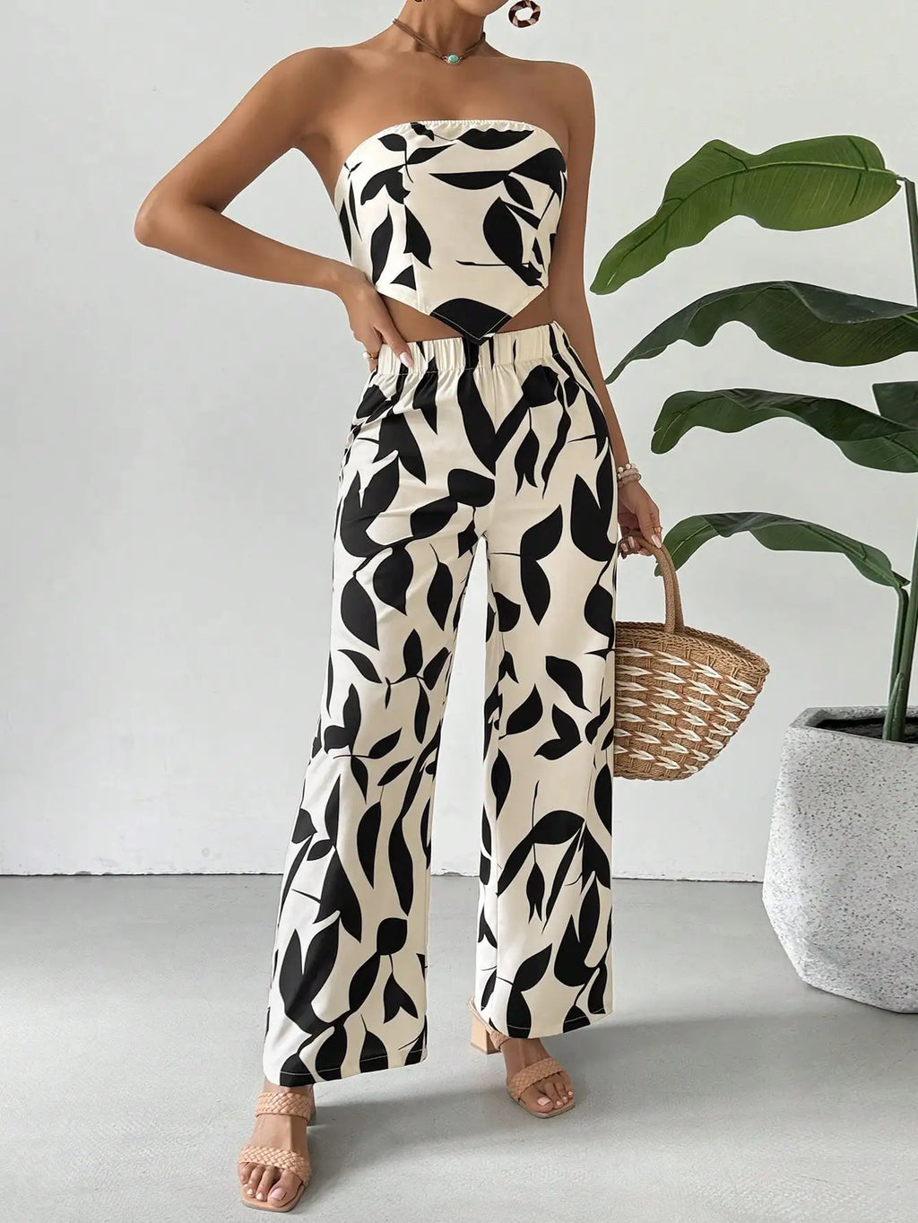 Leaf Print Strapless Crop Top & Wide Leg Pants Set
