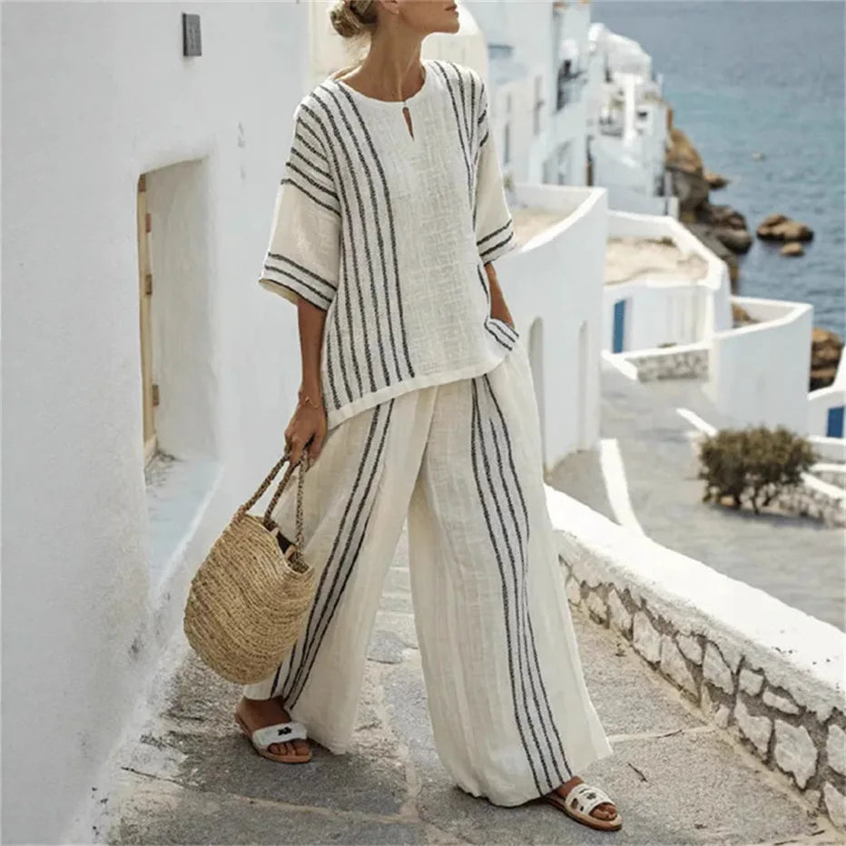 Women's Striped Cotton Breathable Lounge Set