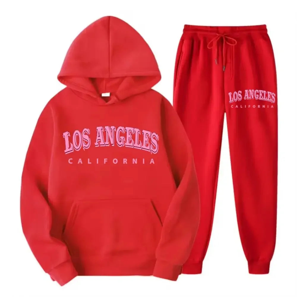 2025 Two-piece set for women, hoodie and fleece pants, loose-fitting pocket sweater, Los Angeles and California print clothing,