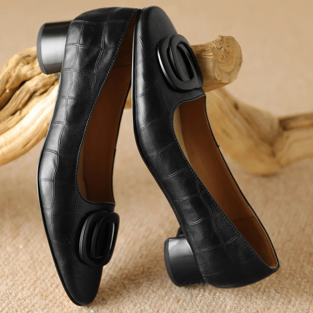 Women's sheepskin round toe metal buckle slip-on pumps 3cm thick low heel elegant ladies Ol style daily slim dress heels shoes