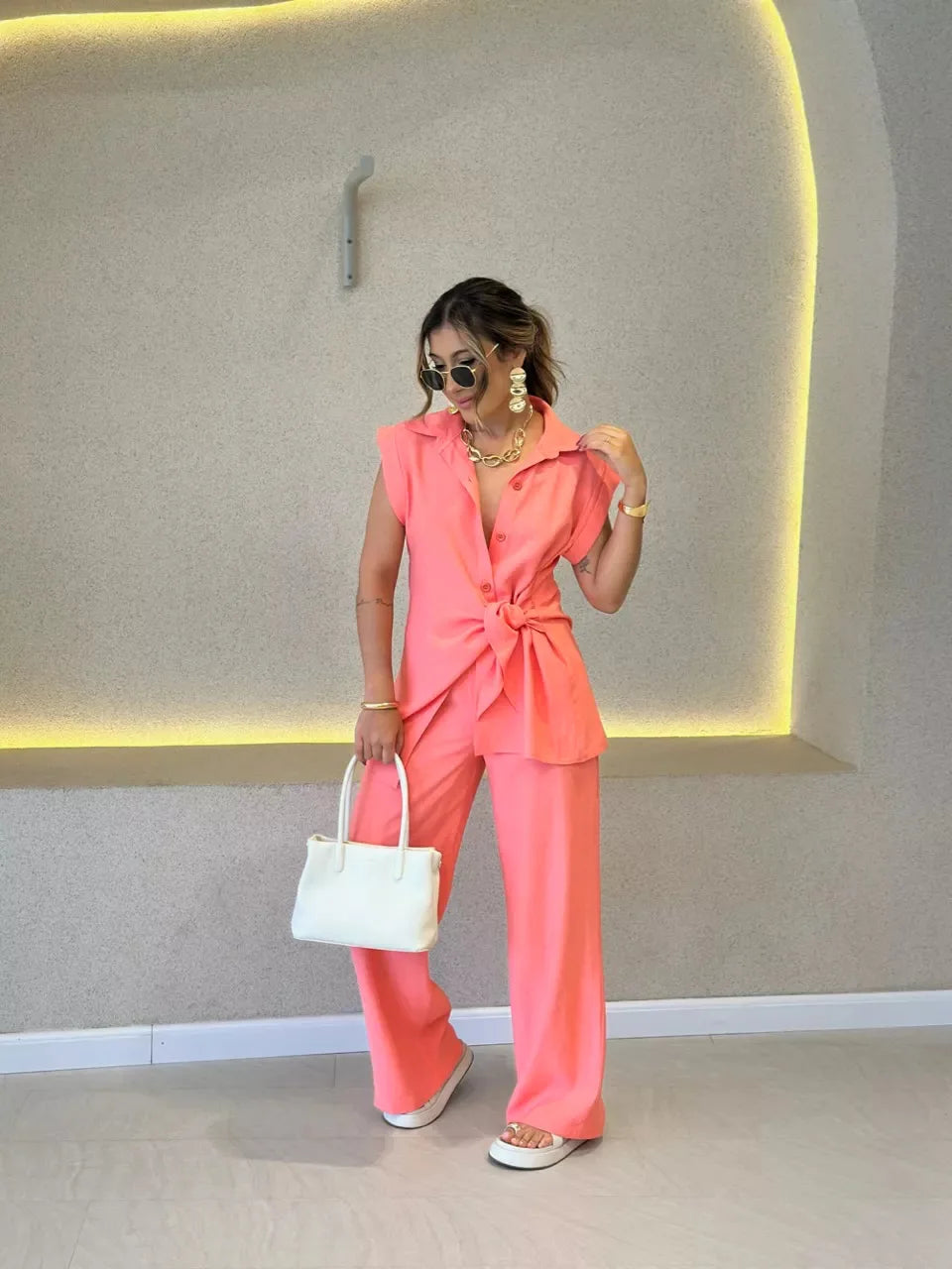 Women's Tie Waist Top Two-Piece Set