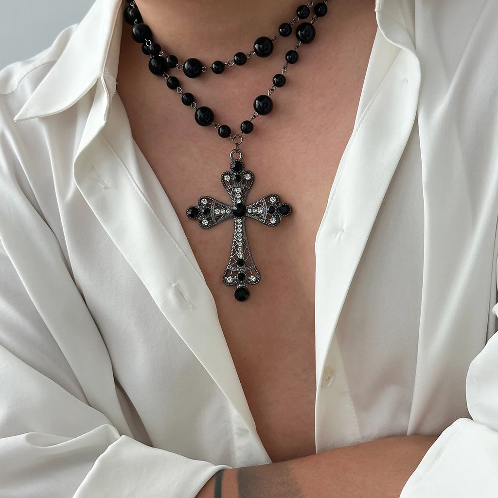 IngeSight.Z Charm Elegant Imitation Pearl Choker Necklace for Men Women New Goth Jesus Cross Pendant Necklace Male Party Jewelry