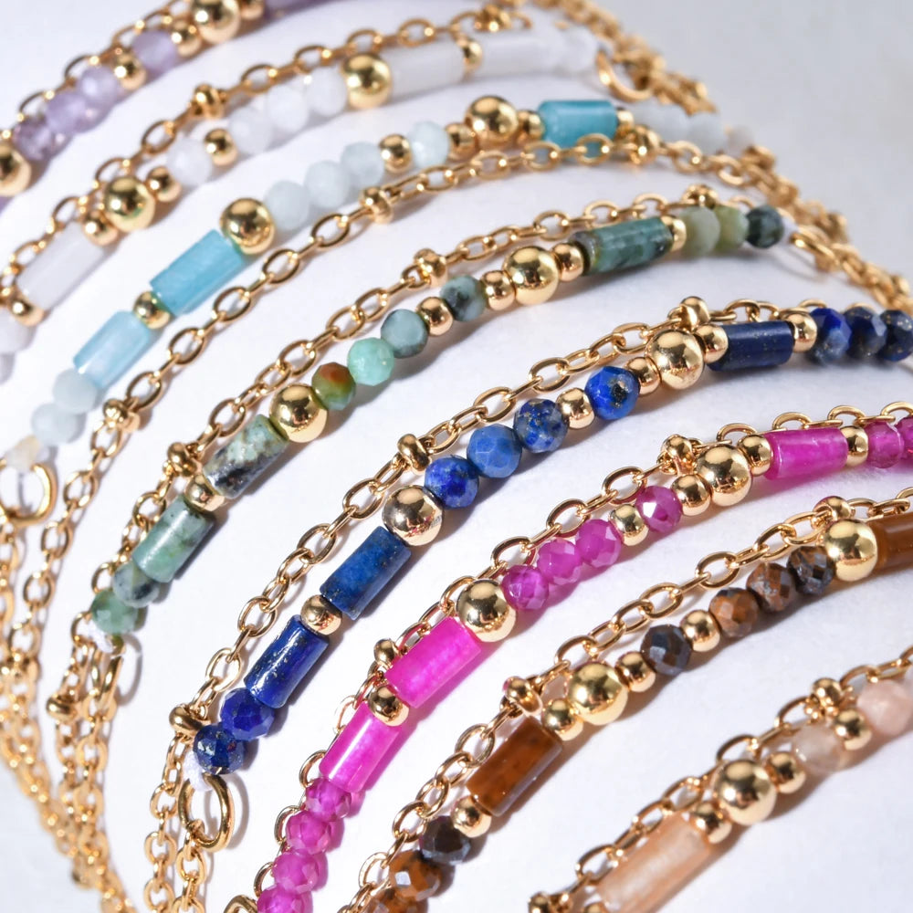Thin Boho 18K Gold PVD Plated Stainless Steel Chain Bracelets for Women Charm Lapis Lazuli Turquoise Natural Stone Jewelry Gift