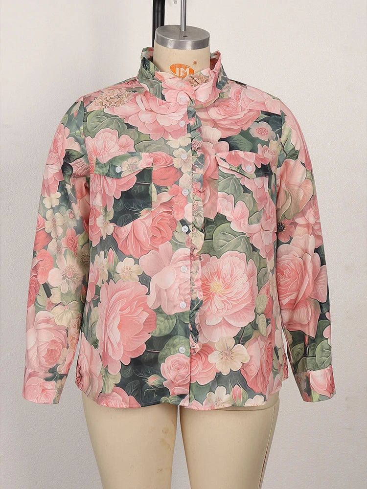 Plus Size Long Sleeve Button Up Floral Shirt
