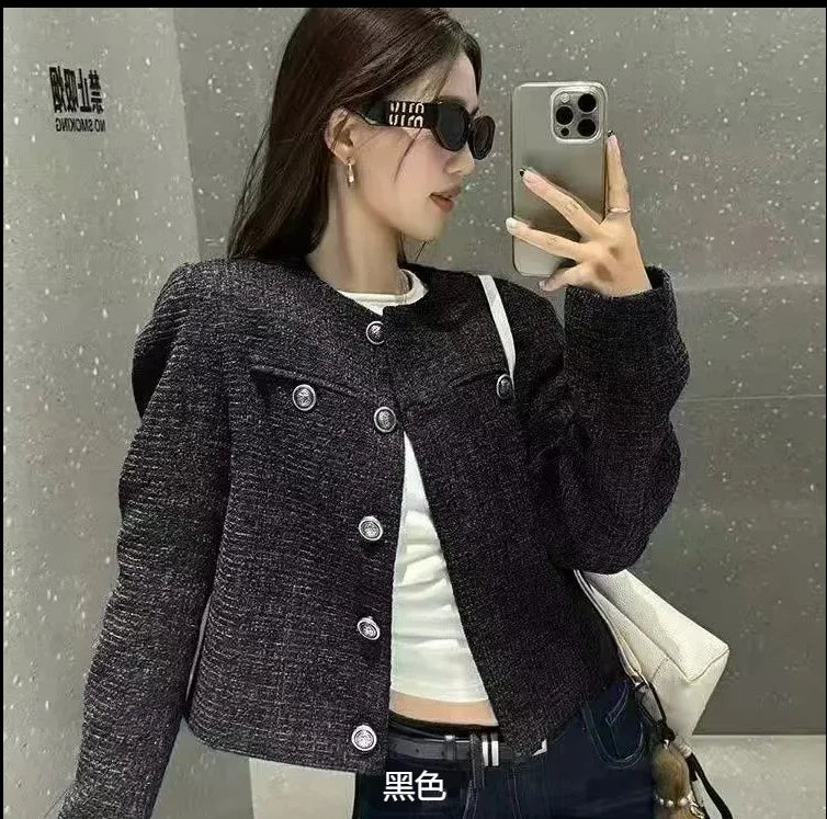 Elegant Long Sleeve Tweed Coat