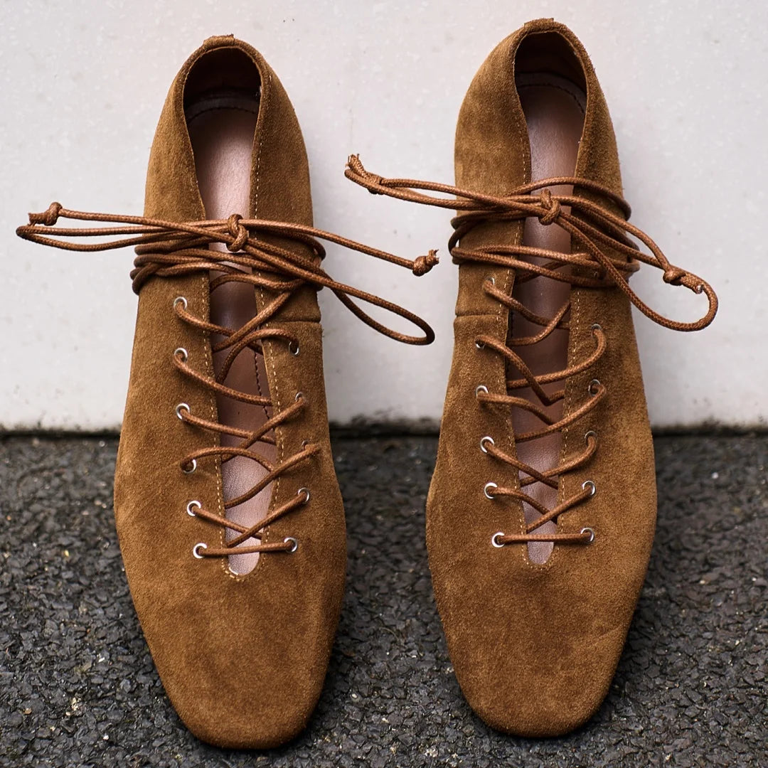 Women's natural suede leather square toe lace-up pumps 3.5cm kitten heel elegant ladies slim daily dress heeled shoes for woman