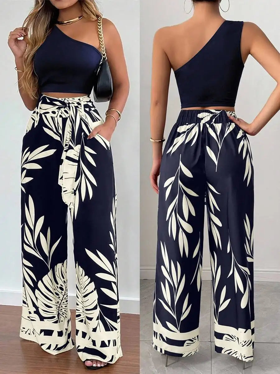One Shoulder Crop Top & Wide Leg Pants Set