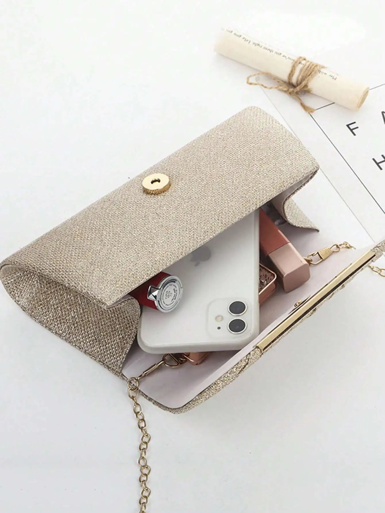 Gold Pleated Glitter Clutch Bag with Metal Frame for Evening Events