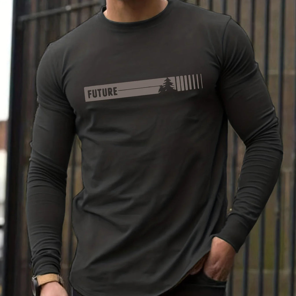 100% pure cotton men's long sleeved round neck loose future letter pattern printed spring and autumn versatile T-shirt top