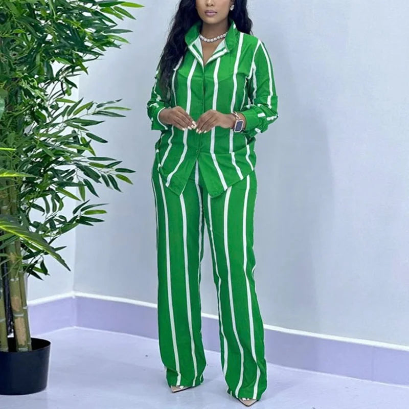 Women's Striped Long Sleeve Two Piece Set