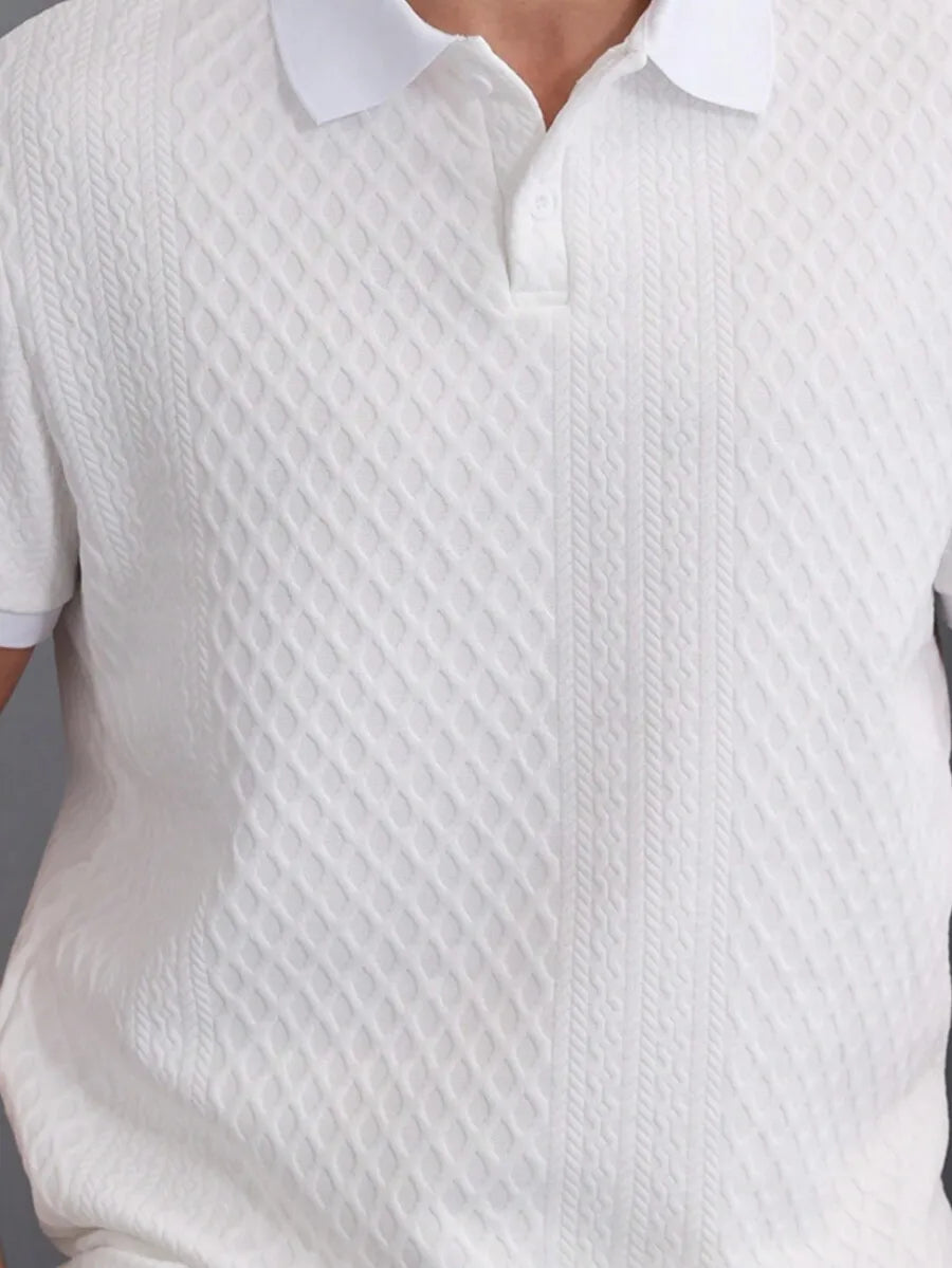 Men's White Short Sleeve Polo Shirt with Geometric Jacquard Knit, Casual Style for Spring Summer Daily Wear