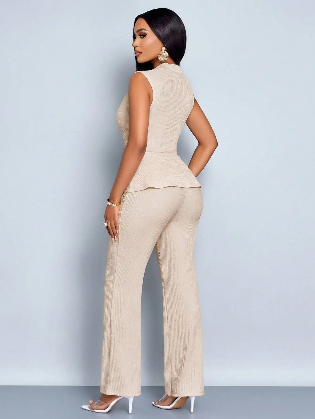 Women's Sleeveless Pleated Peplum Top & Wide-Leg Pants Set
