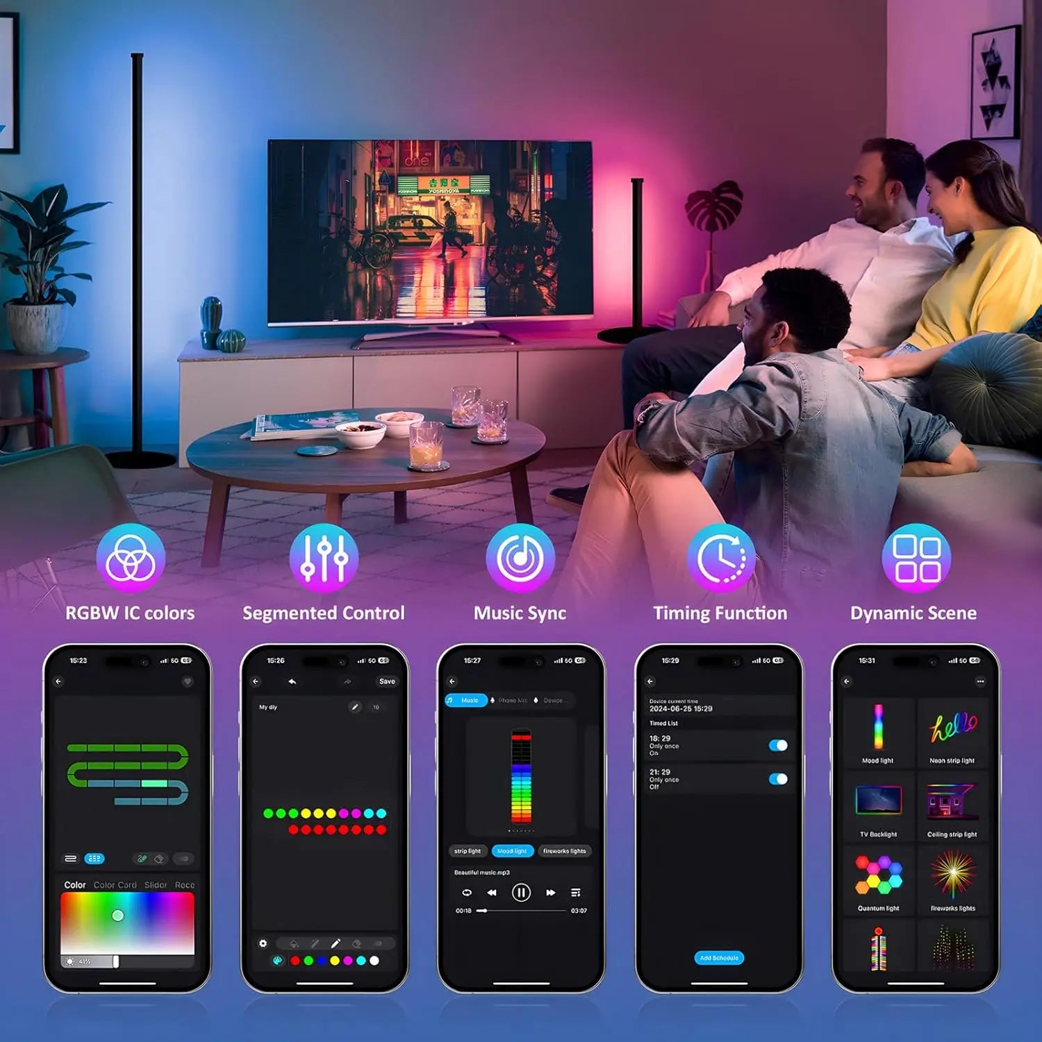 2-Pack Corner Floor Lamp, 55" LED Standing Light with Remote & Music Sync, 16M Colors for Living Room