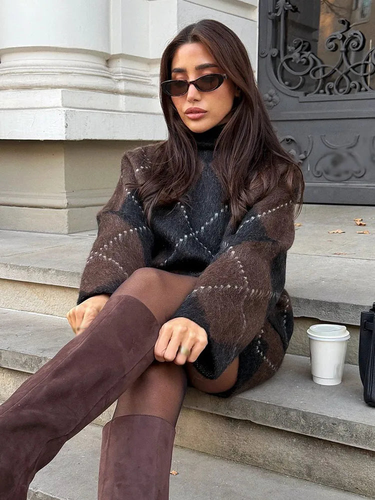 Women's Plaid Knit Sweater Mini Dress