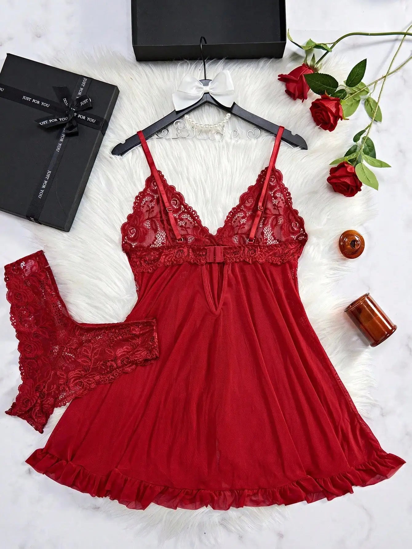Red Lace Deep V Bra and Sheer Robe Set with Bow Detail for Bedroom or Party