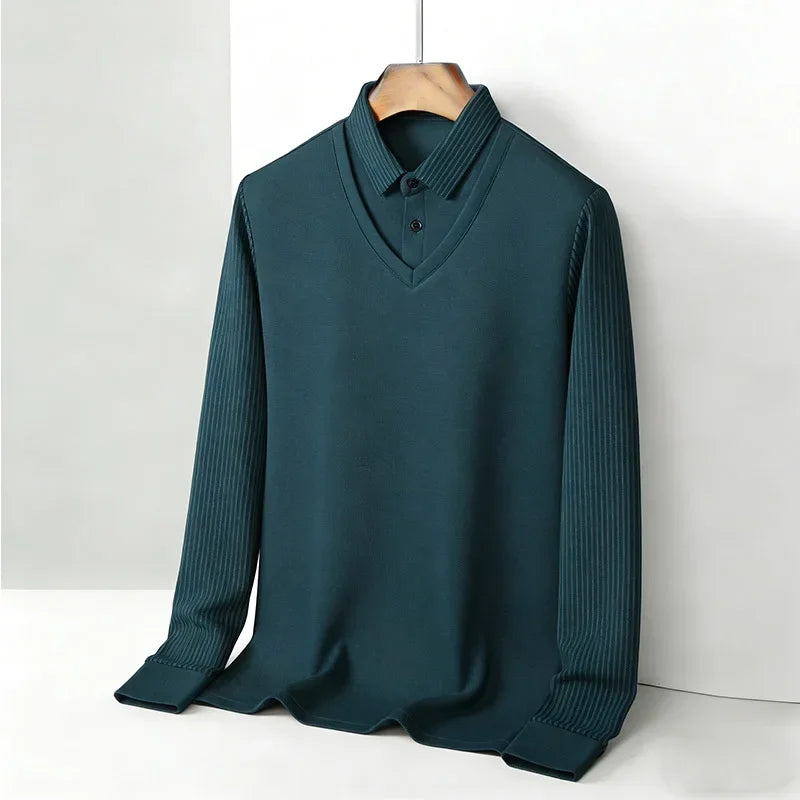 Men's Fake Two Piece Shirt Collar V Neck Long Sleeve Top Khaki Striped Casual Fashion Soft Fabric Daily Wear Blouse