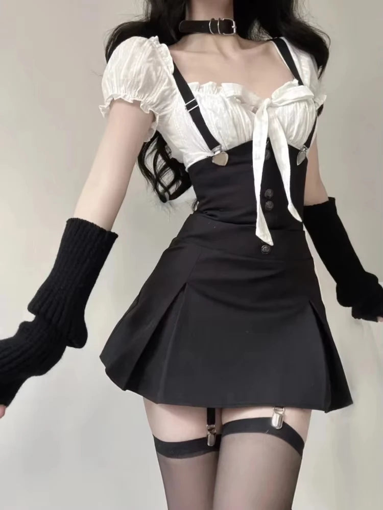 Elegant Korean Style 2-Piece Set – Kawaii White Top & Black Slim Skirt