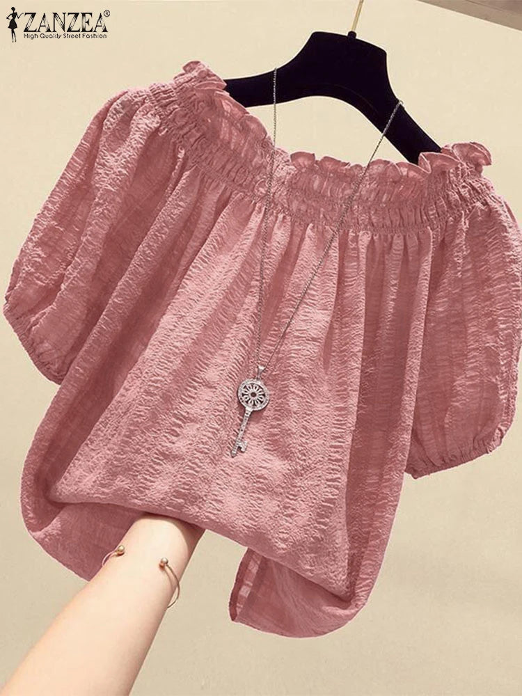 ZANZEA Women Blouse Summer Tops Solid Color Puff Sleeve2025 O Neck Tunic Female Shirts Loose Casual OL Work Blusas Oversized