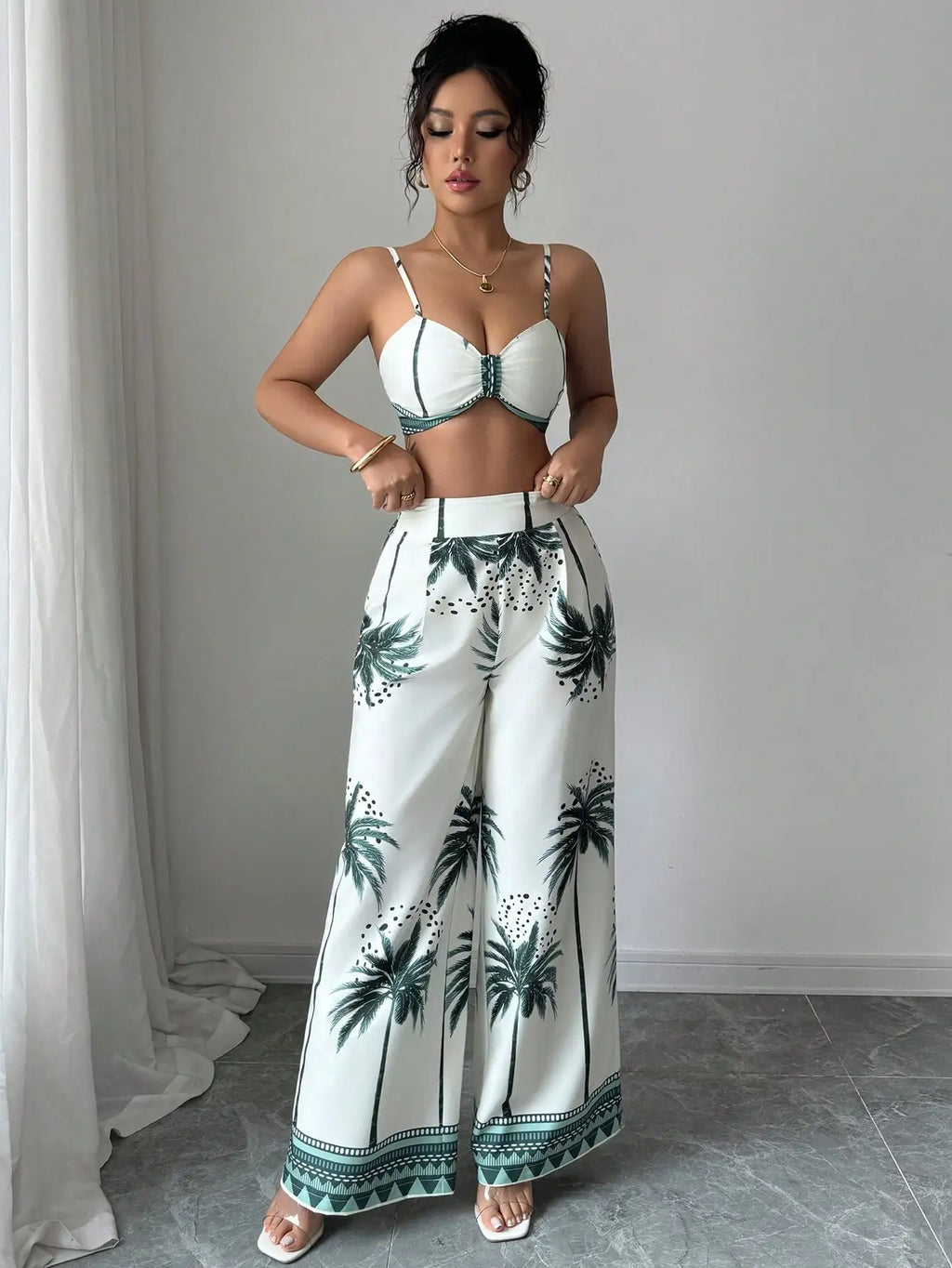 Women's Tropical Palm Print Two Piece Set
