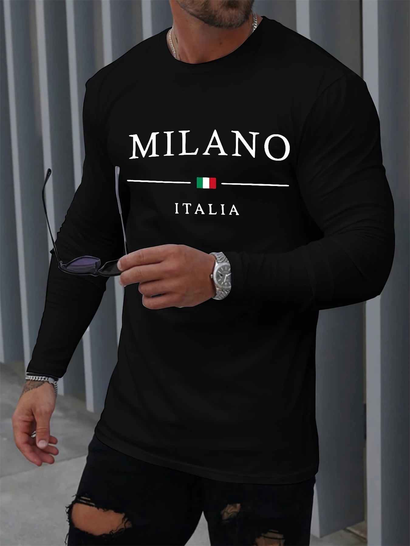 100% pure cotton men's long sleeved round neck loose casual MILANO ITALIA printed spring and autumn versatile T-shirt top