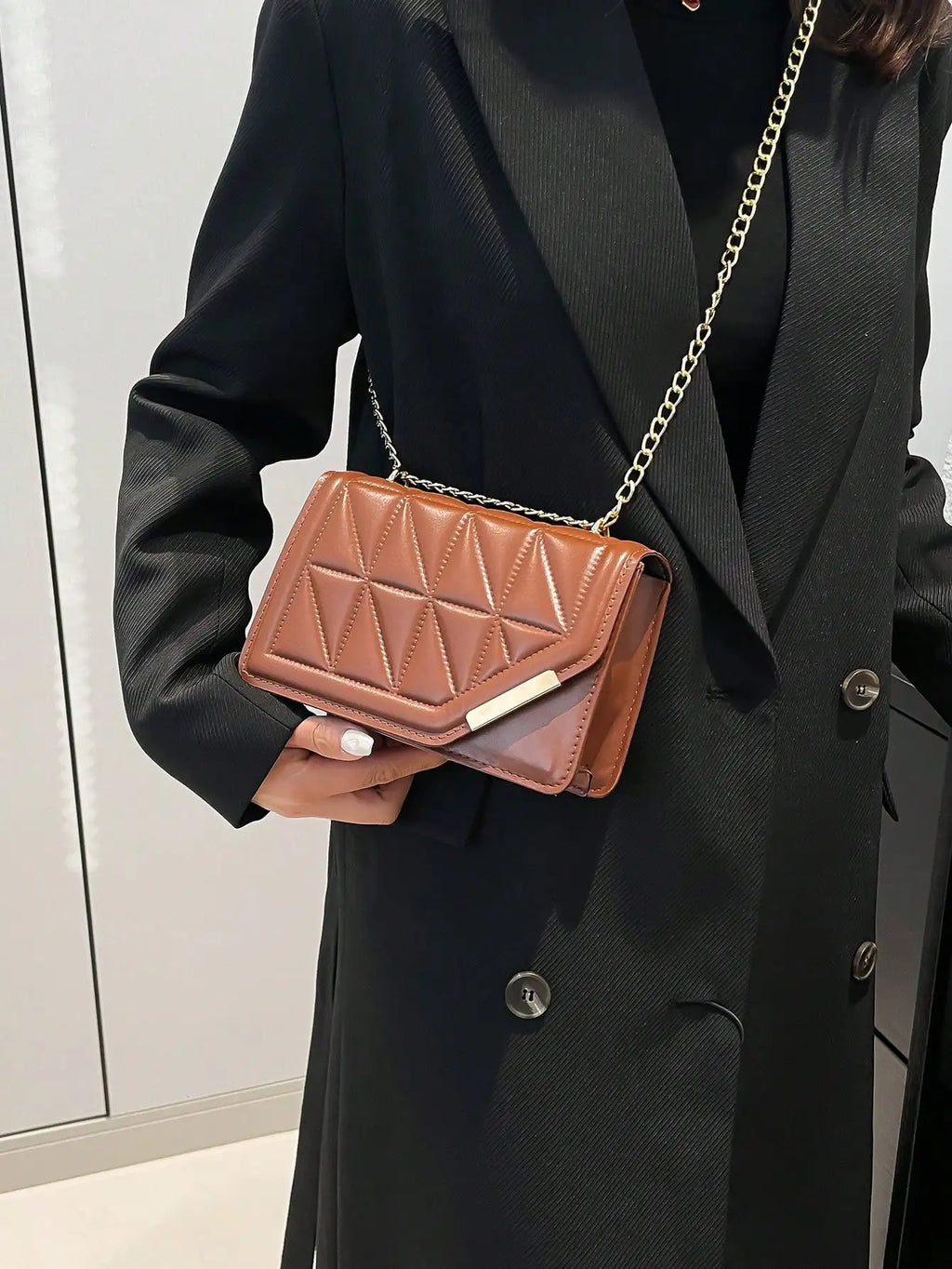 Brown Quilted Square Chain Strap Crossbody Bag for Women
