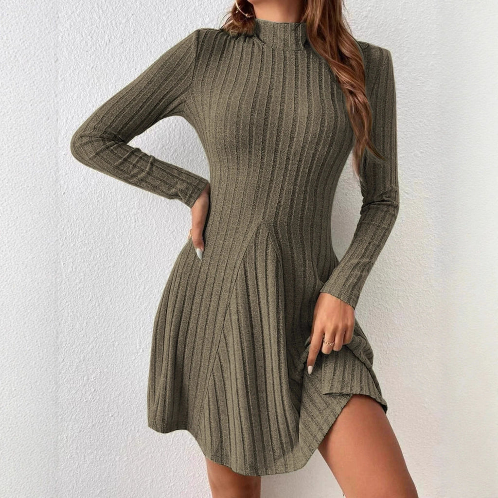 Women's slim fit half high collar waist cinched A-line skirt long sleeved pit stripe dress